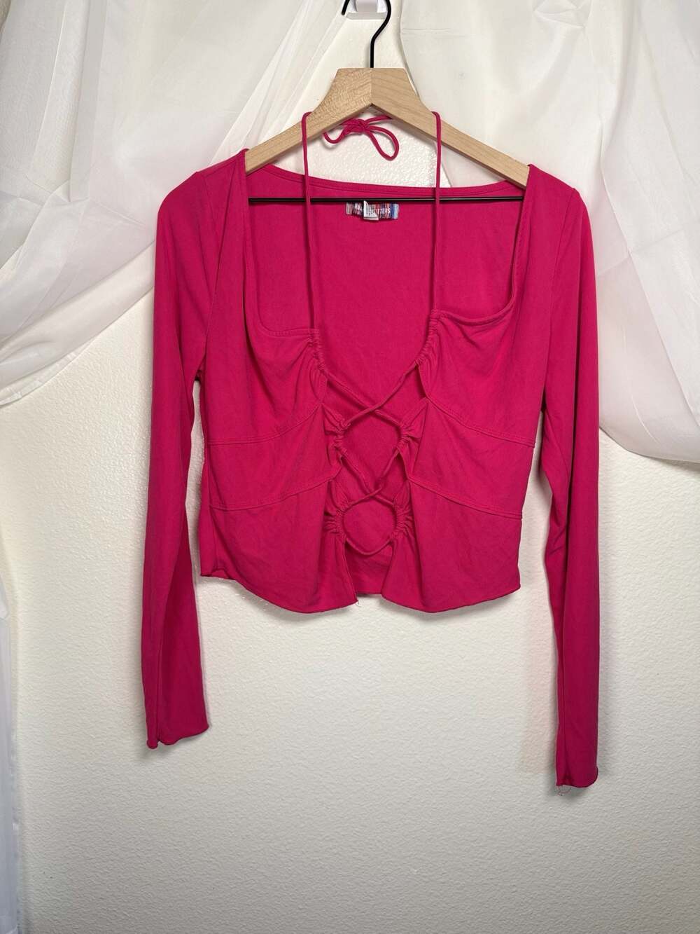 Urban Outfitters Hot Pink Lace-Up Front Long Sleeve Halter Tie Cutout Top